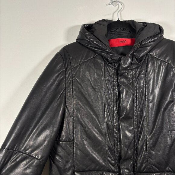 Hugo Boss Lamb Leather Winter Jacket Coat Black Hooded Puffer Luxury Size Small - Picture 4 of 10